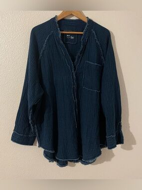 Aerie Gauzy Coverup Shirt Dark Blue Oversized Pool to Party Women's Size Large